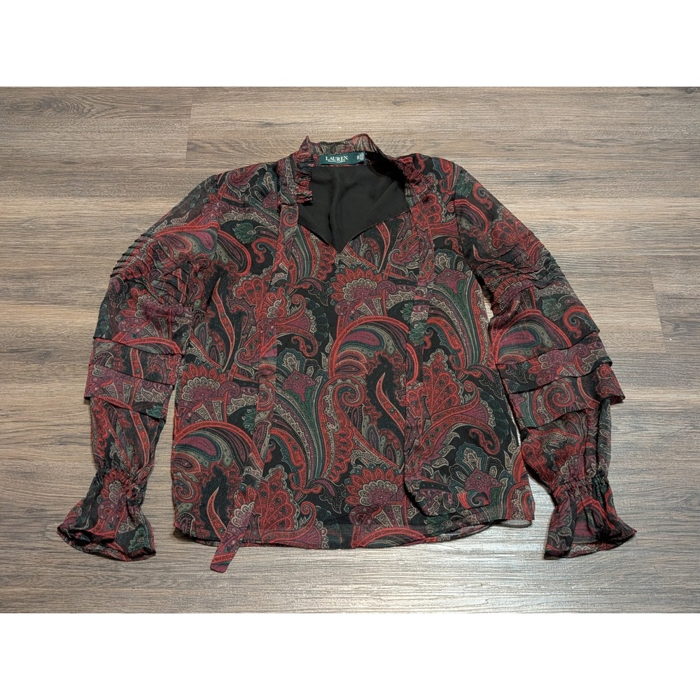 Lauren Ralph Lauren Paisley Ruffle Sleeve Peasant Blouse Womens XS Red V-Neck